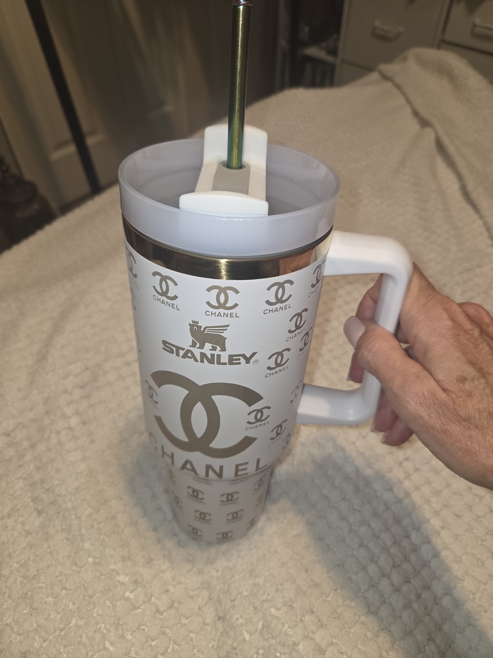 Stanley White and Gold Tumbler Mug
